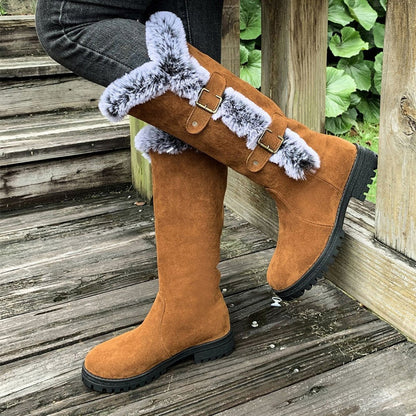 Lavisa - Women's Faux Suede Faux Fur Trim Buckle Knee High Boots