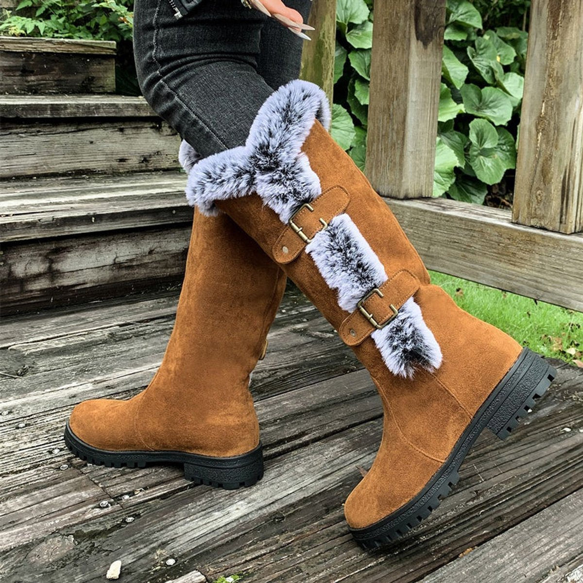 Lavisa - Women's Faux Suede Faux Fur Trim Buckle Knee High Boots