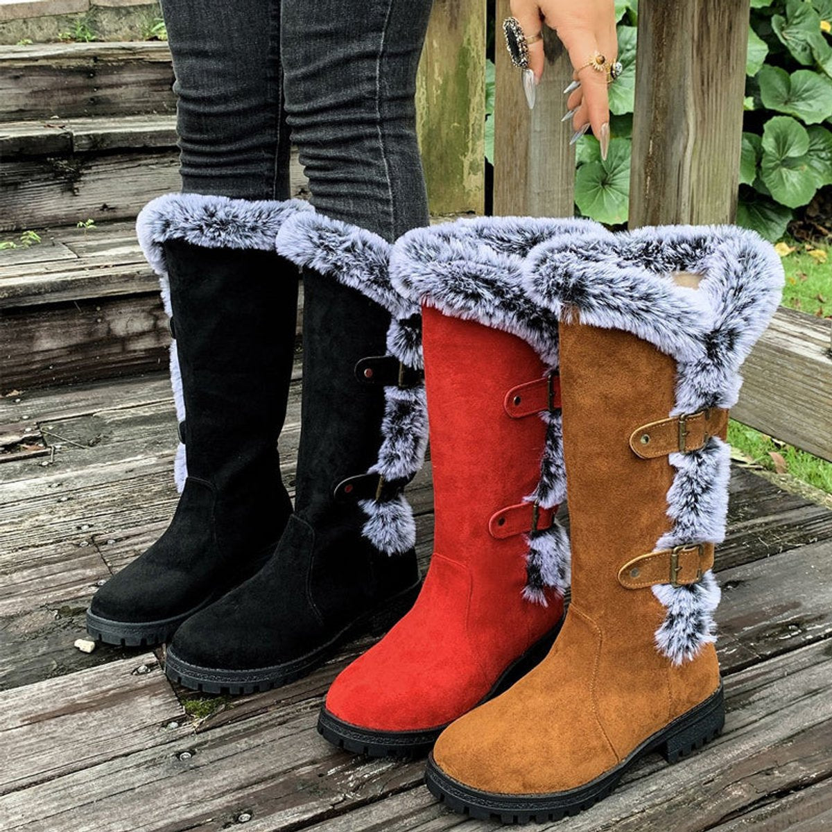 Lavisa - Women's Faux Suede Faux Fur Trim Buckle Knee High Boots