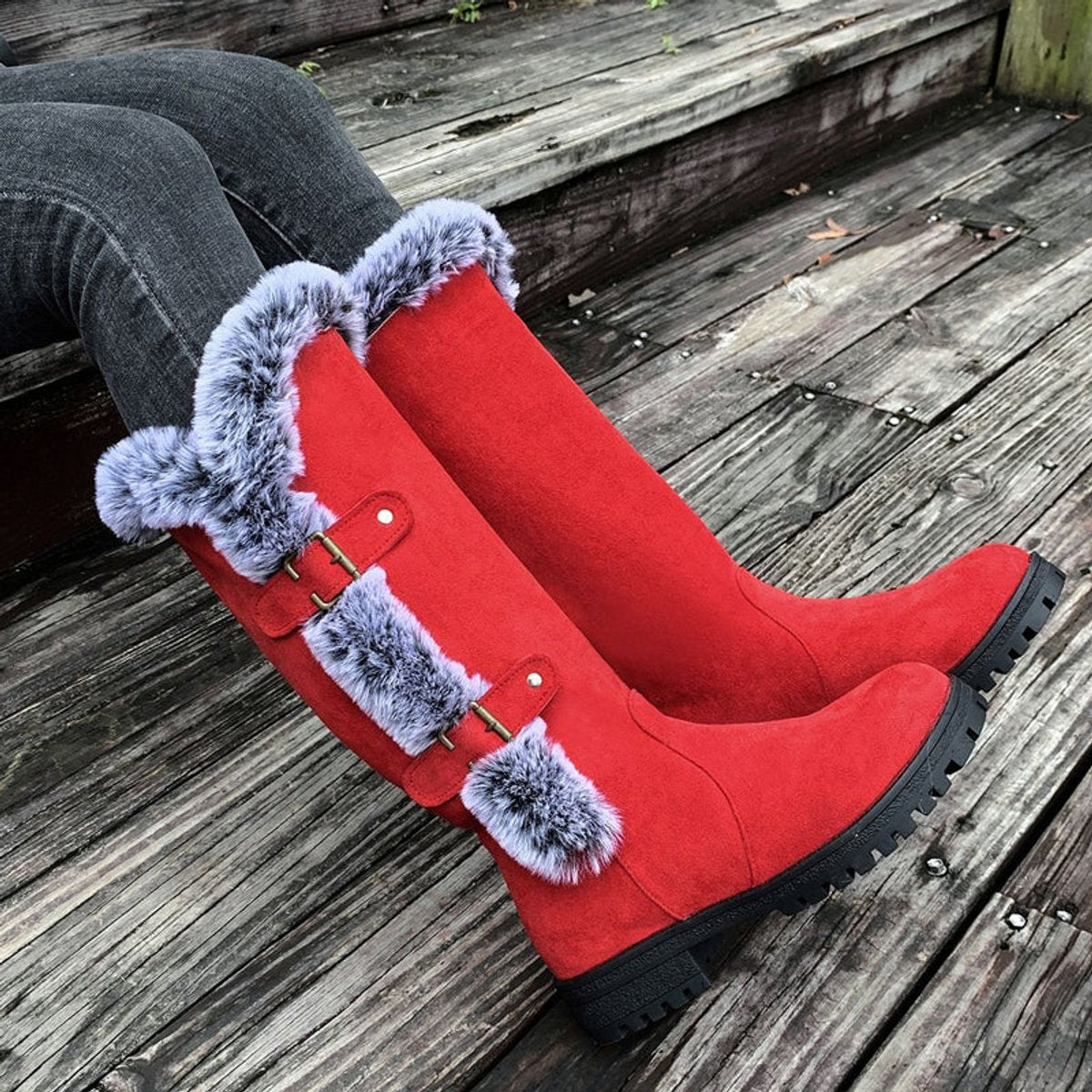 Lavisa - Women's Faux Suede Faux Fur Trim Buckle Knee High Boots