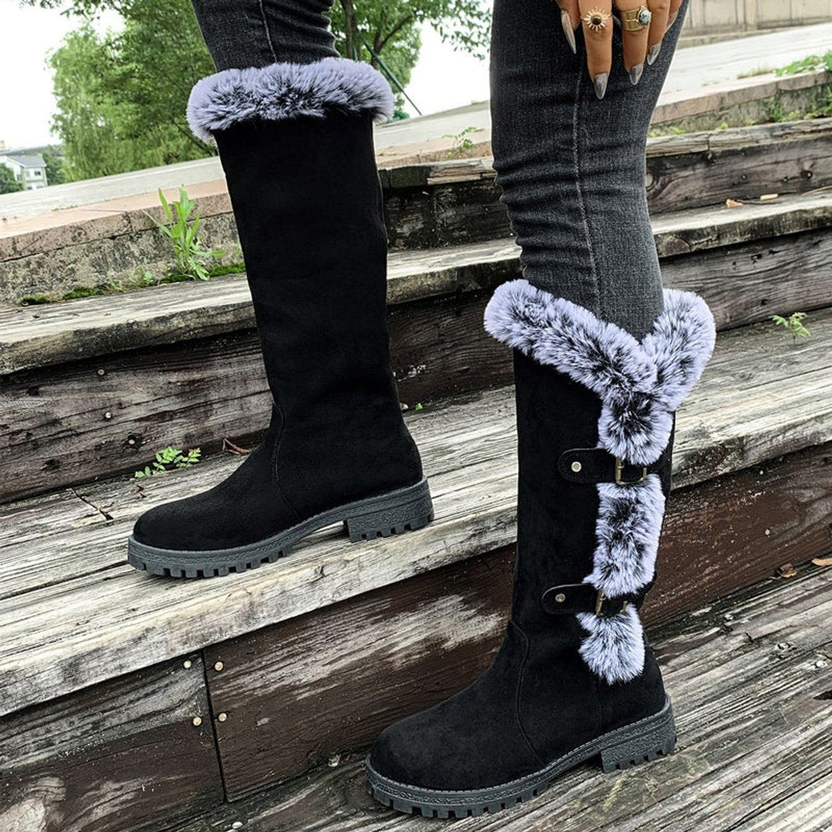 Lavisa - Women's Faux Suede Faux Fur Trim Buckle Knee High Boots