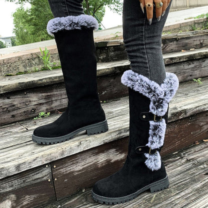 Lavisa - Women's Faux Suede Faux Fur Trim Buckle Knee High Boots