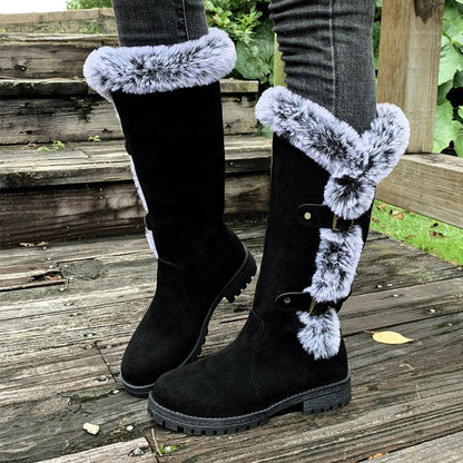 Lavisa - Women's Faux Suede Faux Fur Trim Buckle Knee High Boots
