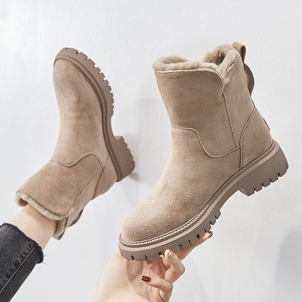 Womens Faux Suede Fleece Lined Slip On Ankle Boots Winter Platform Shoes - Front View | Lavisa