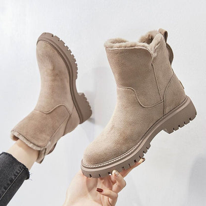 Womens Faux Suede Fleece Lined Slip On Ankle Boots Winter Platform Shoes - Front View | Lavisa