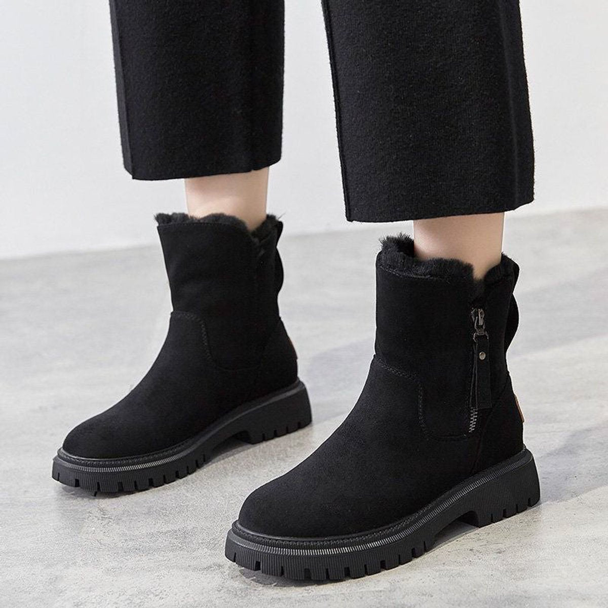 Womens Faux Suede Fleece Lined Slip On Ankle Boots Winter Platform Shoes - Side Angle | Lavisa
