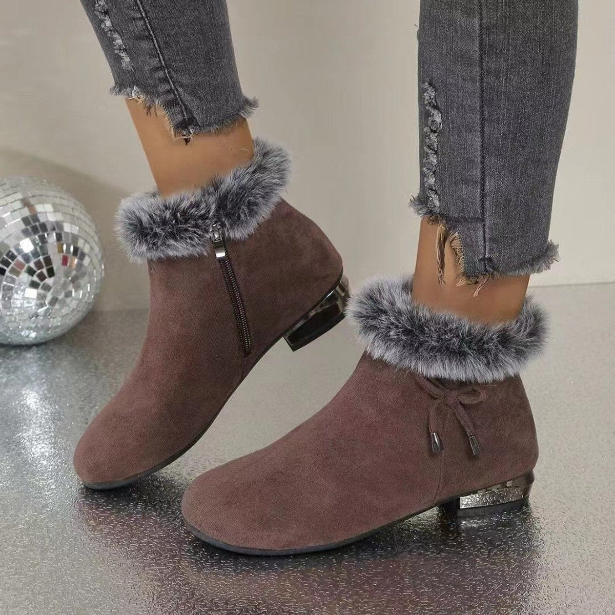 Women's Faux-Suede Fur-Trim Flat Ankle Boots - Side Angle | Lavisa