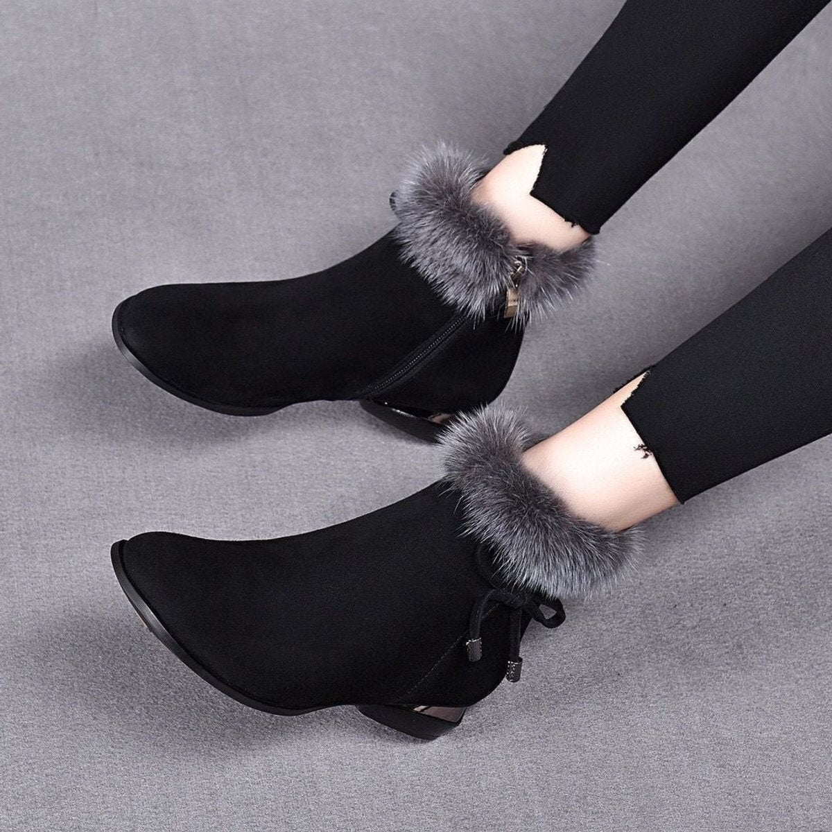 Women's Faux-Suede Fur-Trim Flat Ankle Boots - Back View | Lavisa