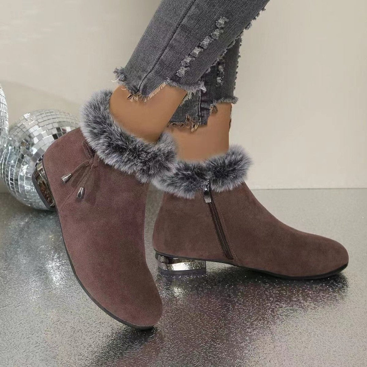 Women's Faux-Suede Fur-Trim Flat Ankle Boots - Close-Up Texture & Detail | Lavisa