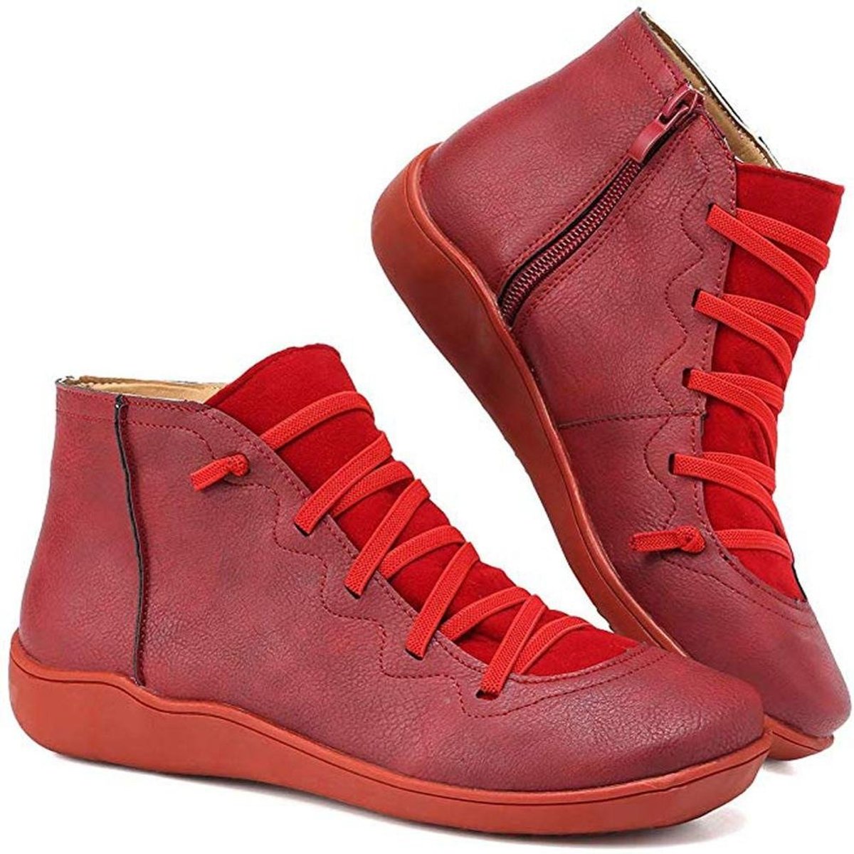 Womens Flat Lace Up Side Zip Faux Leather Ankle Boots Casual Shoes - Side Angle | Lavisa