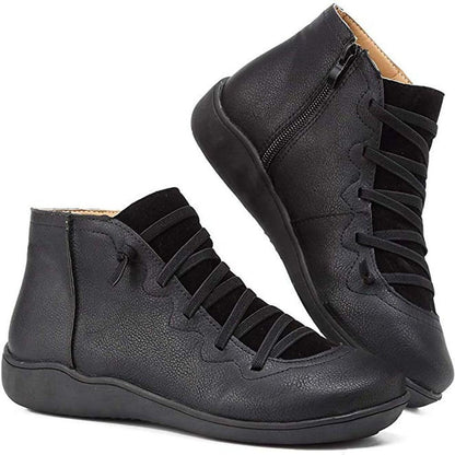 Womens Flat Lace Up Side Zip Faux Leather Ankle Boots Casual Shoes - Back View | Lavisa
