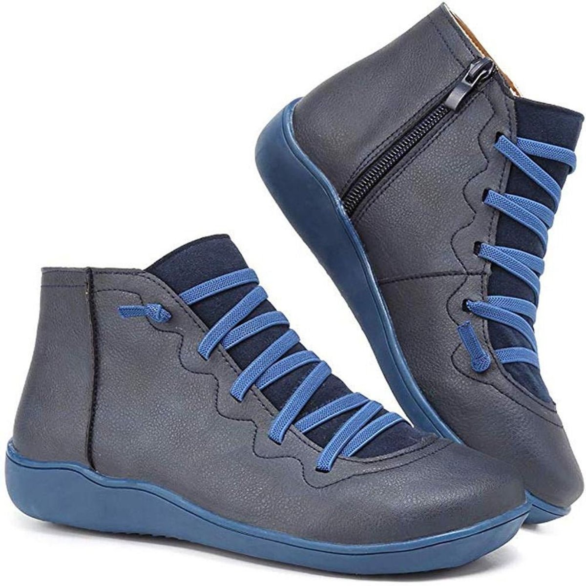 Womens Flat Lace Up Side Zip Faux Leather Ankle Boots Casual Shoes - Sole & Material View | Lavisa