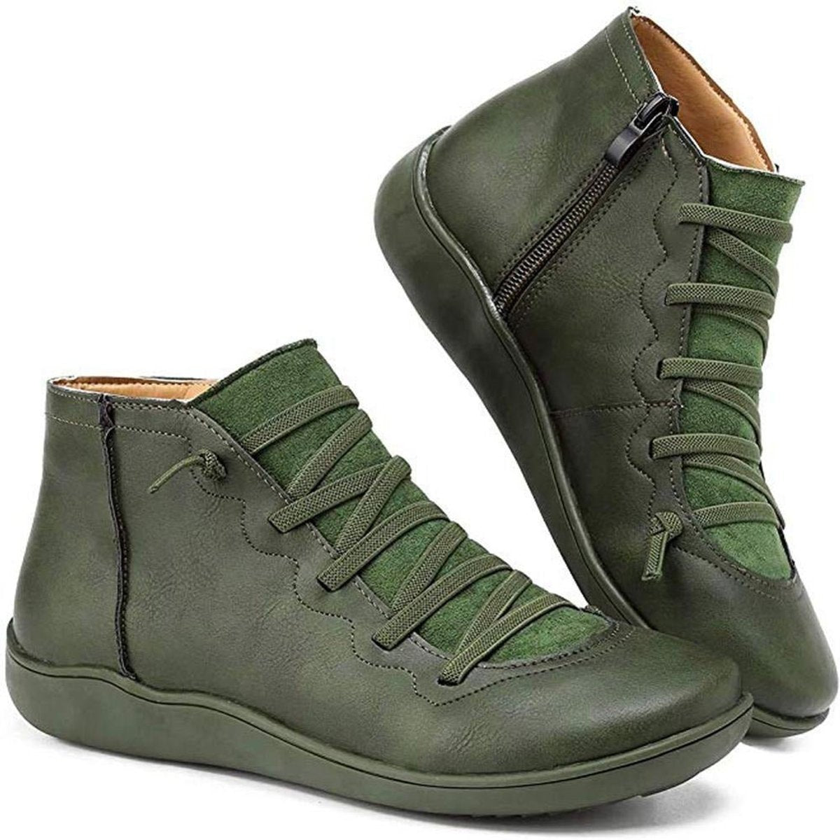 Womens Flat Lace Up Side Zip Faux Leather Ankle Boots Casual Shoes - Lifestyle & Model Angle | Lavisa