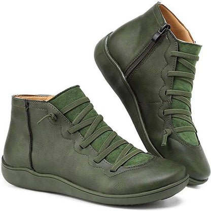 Womens Flat Lace Up Side Zip Faux Leather Ankle Boots Casual Shoes - Lifestyle & Model Angle | Lavisa