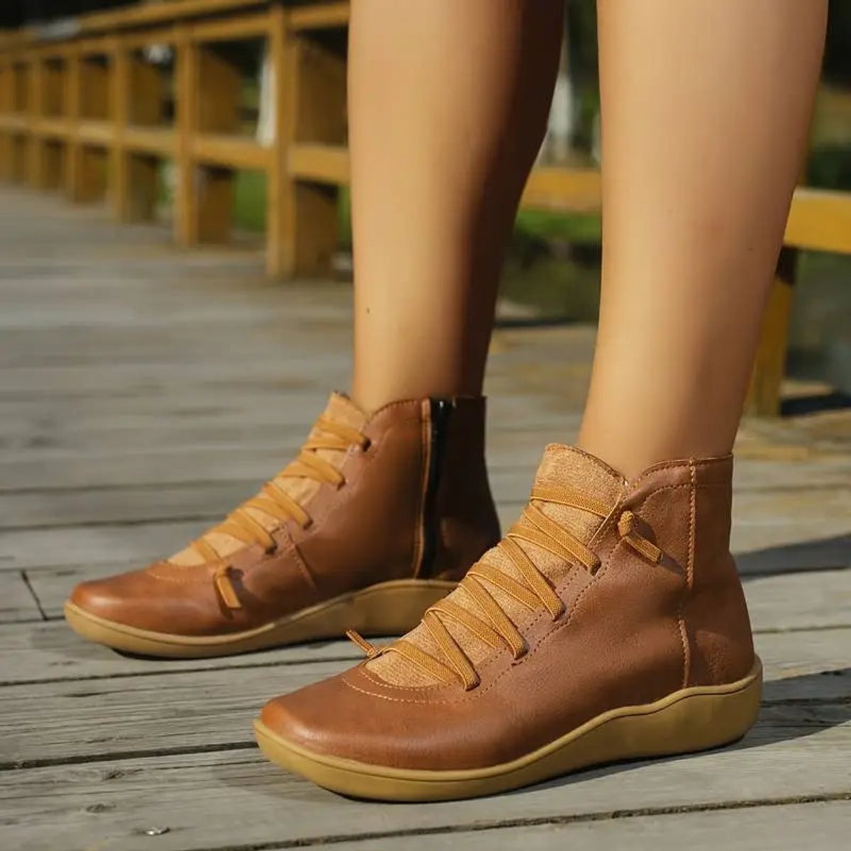 Womens Flat Lace Up Side Zip Faux Leather Ankle Boots Casual Shoes - Variant Angle | Lavisa