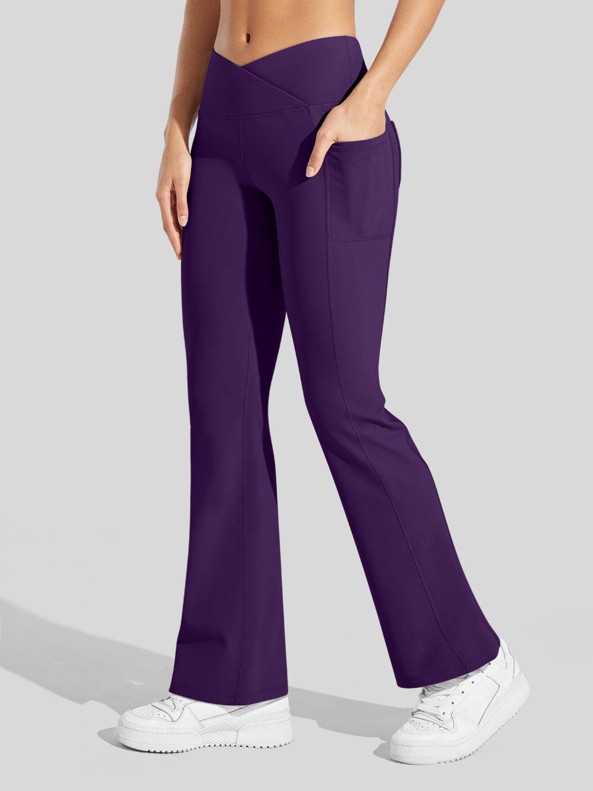 Lavisa - Women's Fleece Lined Crossover Flared Leggings with Pockets
