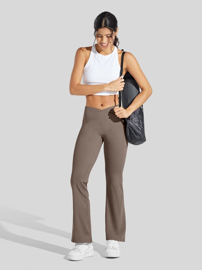 Lavisa - Women's Fleece Lined Crossover Flared Leggings with Pockets