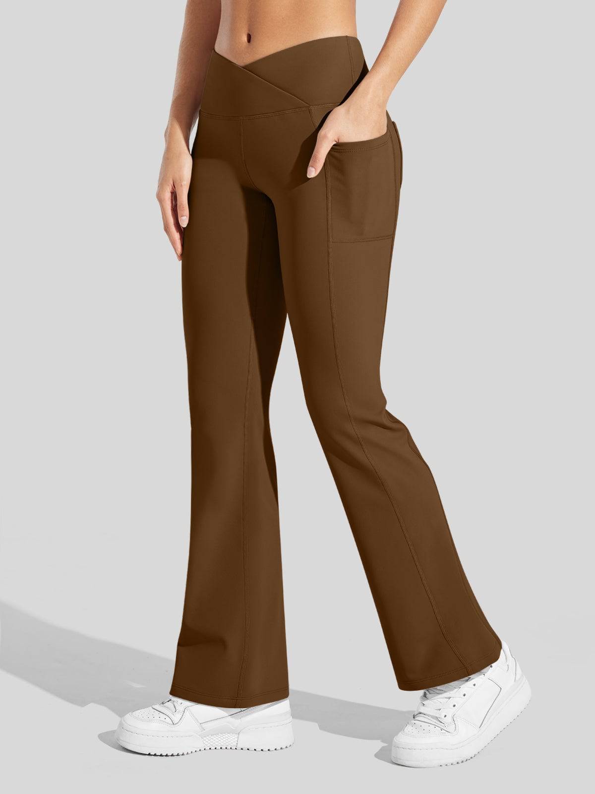 Lavisa - Women's Fleece Lined Crossover Flared Leggings with Pockets