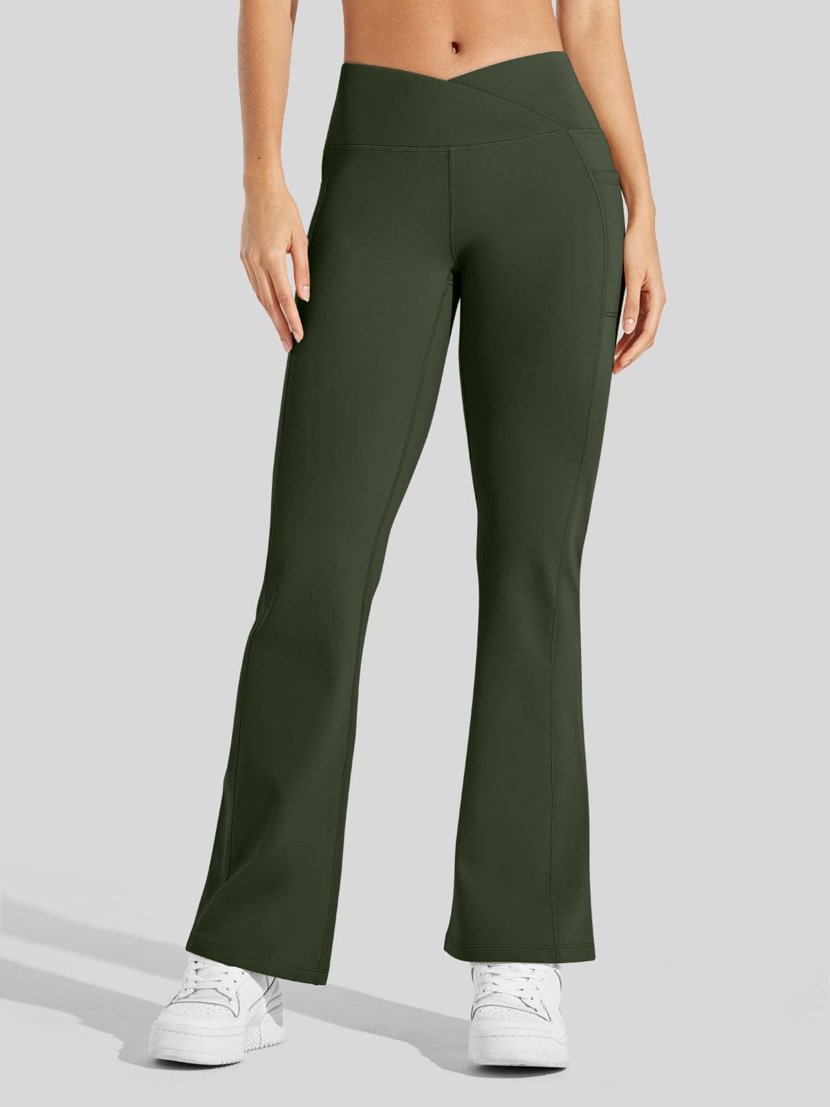 Lavisa - Women's Fleece Lined Crossover Flared Leggings with Pockets