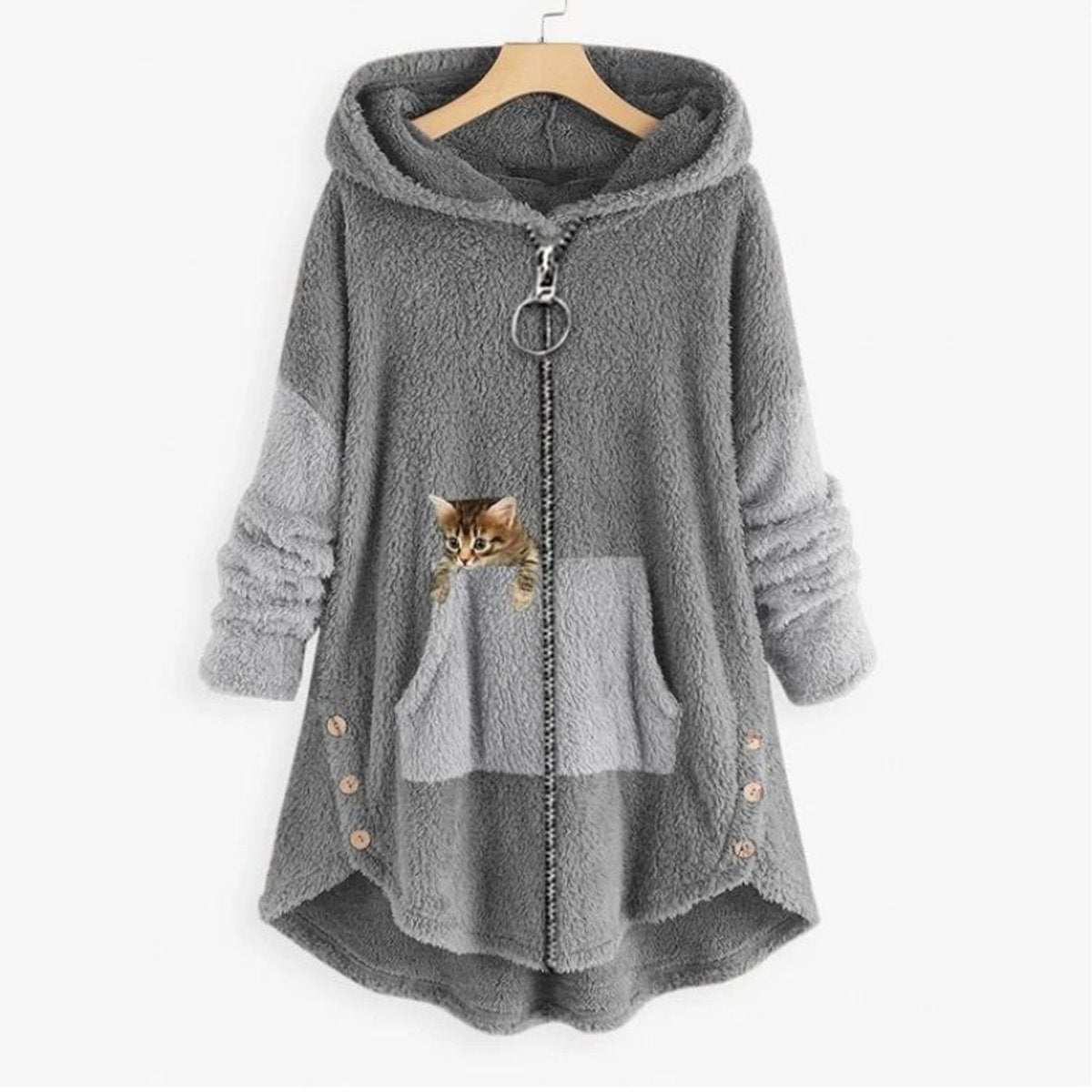 Women's Fleece Hooded Zip-Up Sweater Plush Cat Pocket Jumper - Front View | Lavisa