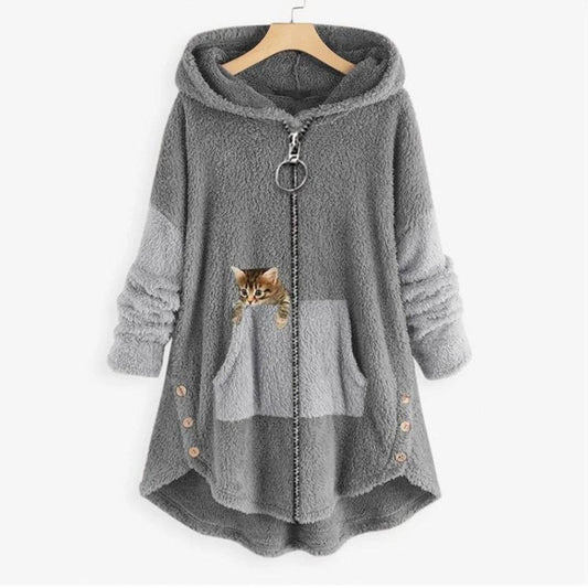 Lavisa - Women's Fleece Hooded Zip-Up Sweater Plush Cat Pocket Jumper