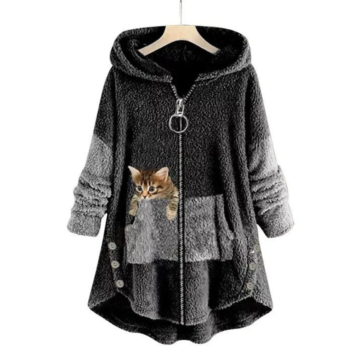 Women's Fleece Hooded Zip-Up Sweater Plush Cat Pocket Jumper - Side Angle | Lavisa