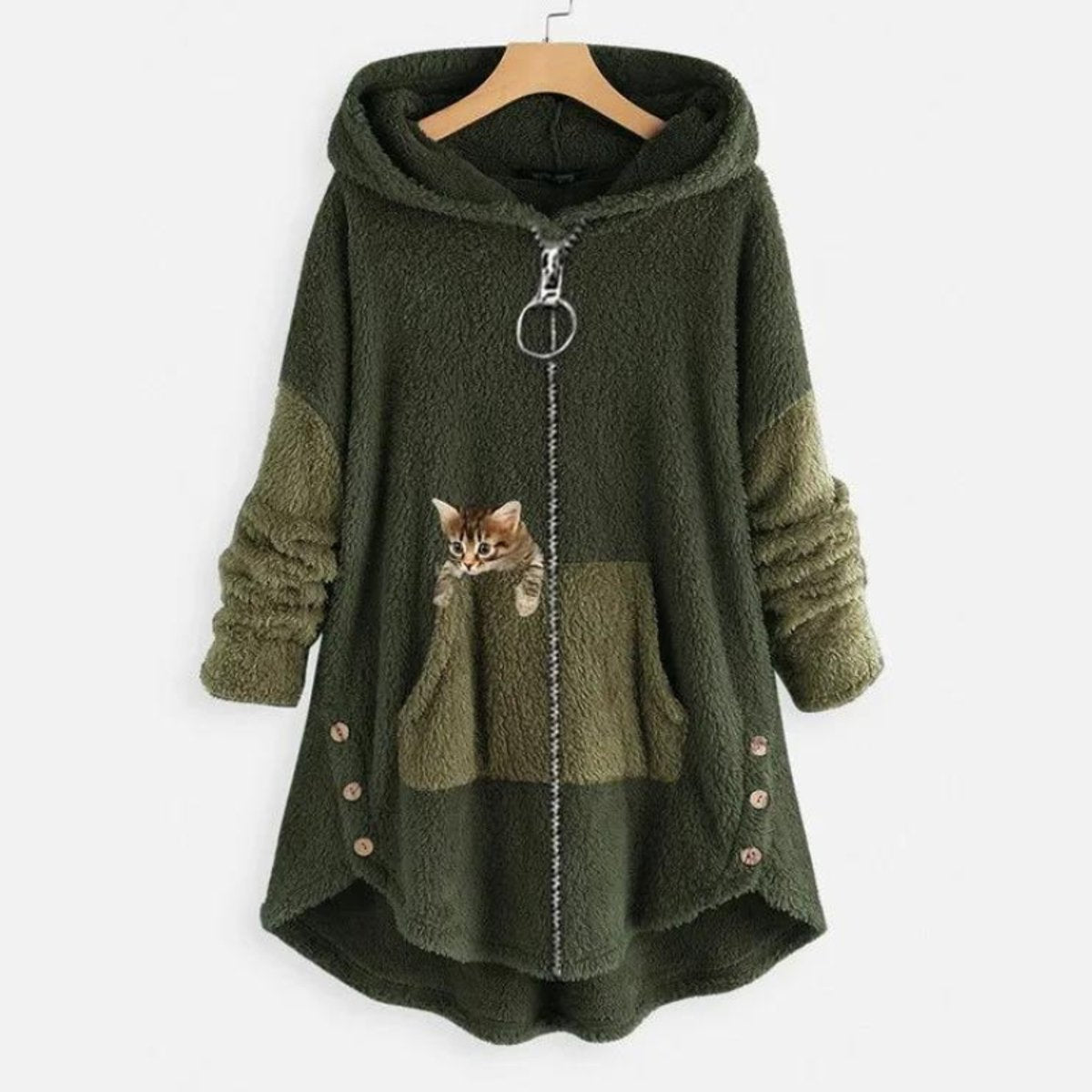 Women's Fleece Hooded Zip-Up Sweater Plush Cat Pocket Jumper - Back View | Lavisa
