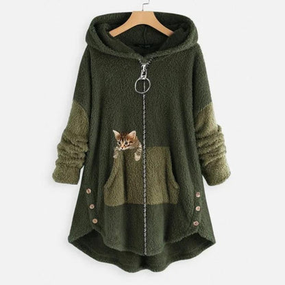 Women's Fleece Hooded Zip-Up Sweater Plush Cat Pocket Jumper - Back View | Lavisa