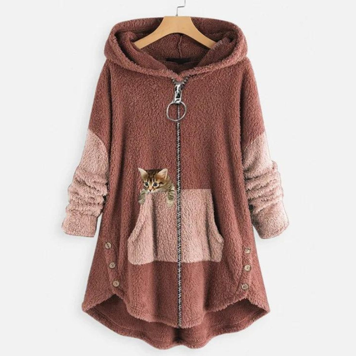 Women's Fleece Hooded Zip-Up Sweater Plush Cat Pocket Jumper - Close-Up Texture & Detail | Lavisa