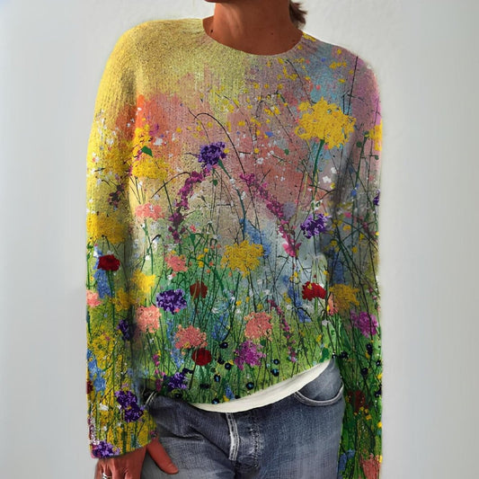 Lavisa - Women's Floral Art Print Long Sleeve Knit Sweater