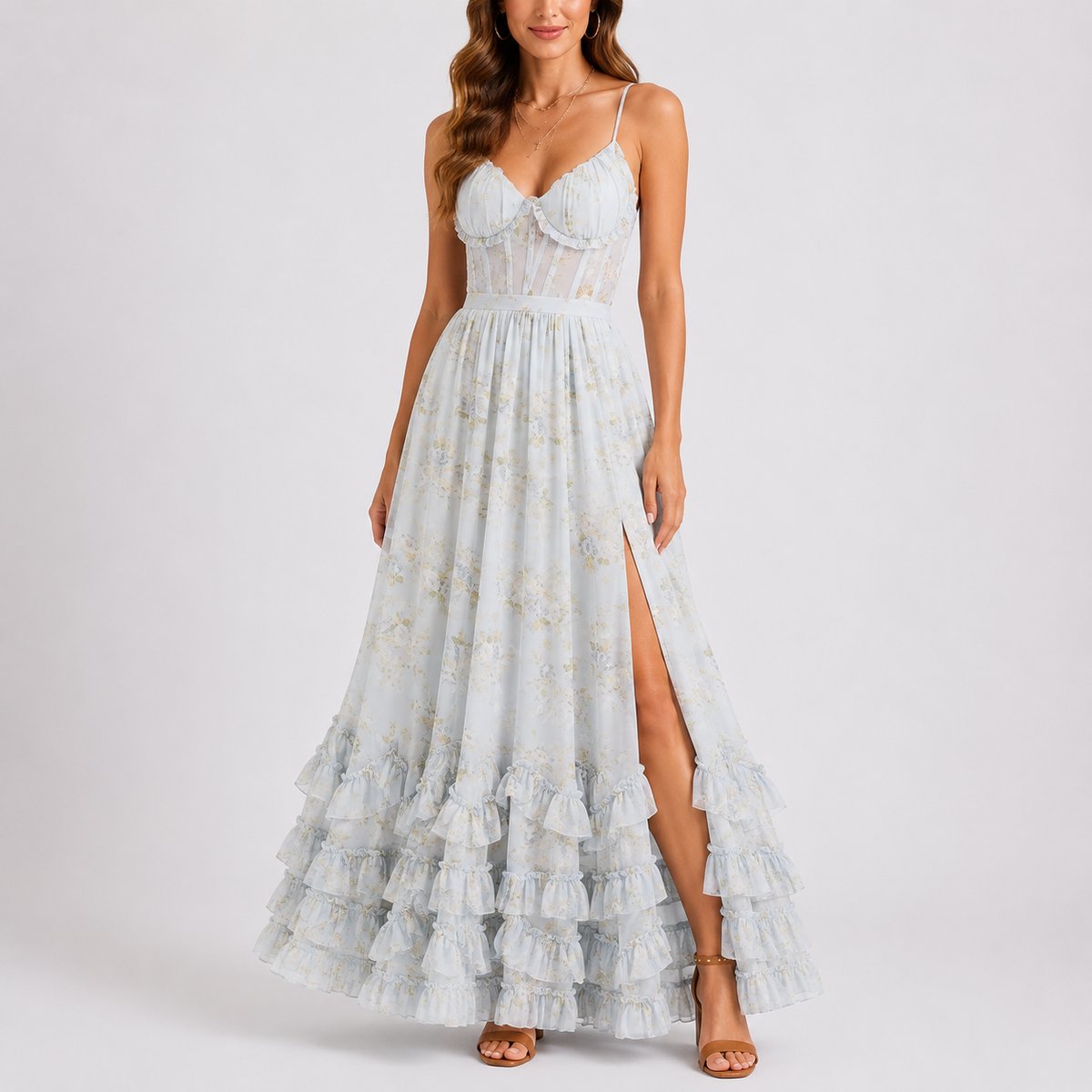 Lavisa - Women's Floral Corset Fall Wedding Guest Maxi Dress Ruffled