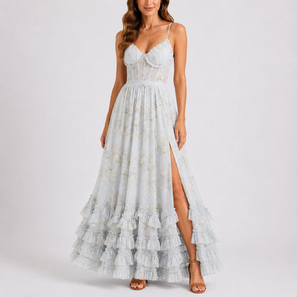 Lavisa - Women's Floral Corset Fall Wedding Guest Maxi Dress Ruffled