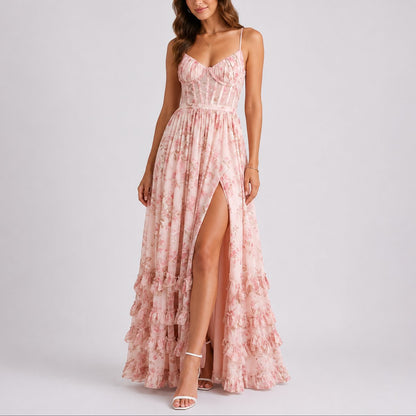 Lavisa - Women's Floral Corset Fall Wedding Guest Maxi Dress Ruffled