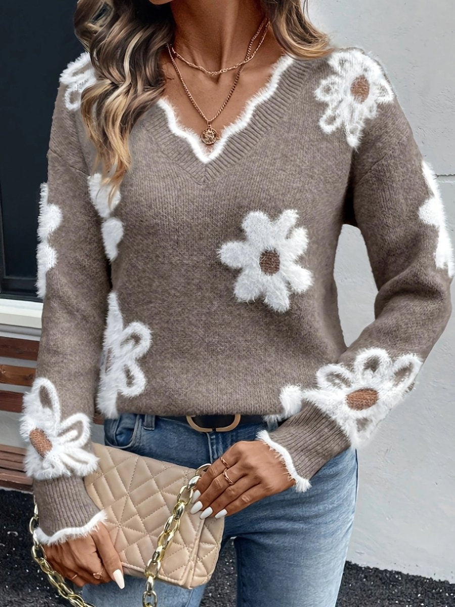 Women's Floral Daisy V-Neck Knit Sweater Jumper Long Sleeve - Variant Style 10 | Lavisa