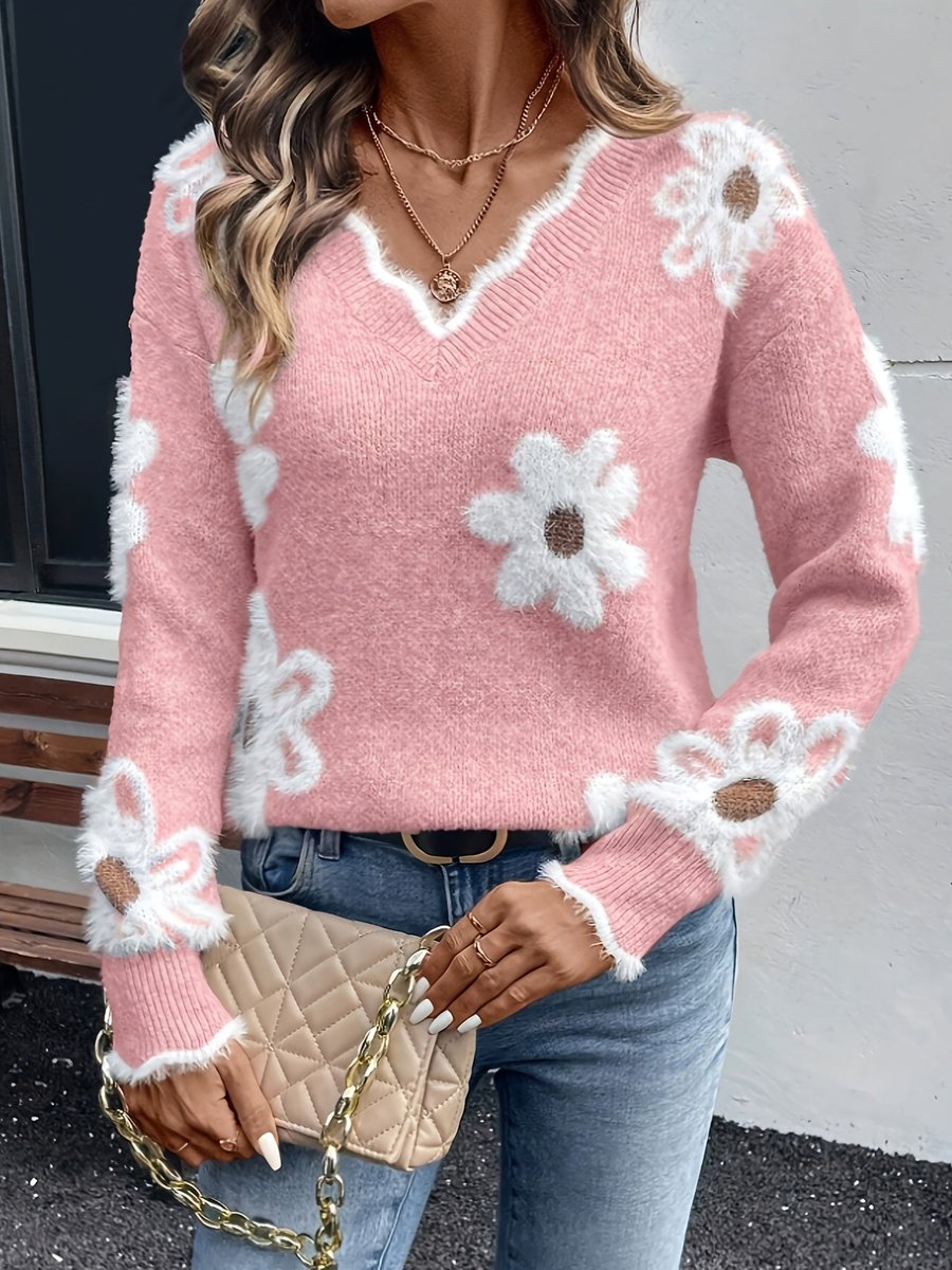 Women's Floral Daisy V-Neck Knit Sweater Jumper Long Sleeve - Side Angle | Lavisa