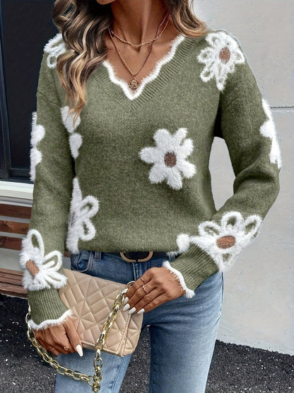 Women's Floral Daisy V-Neck Knit Sweater Jumper Long Sleeve - Back View | Lavisa