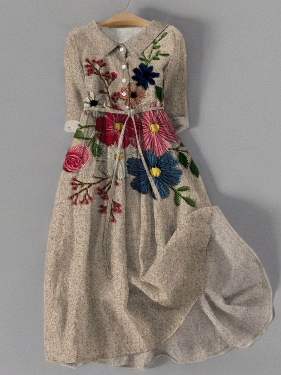 Lavisa - Floral Embroidered Belted Midi Dress