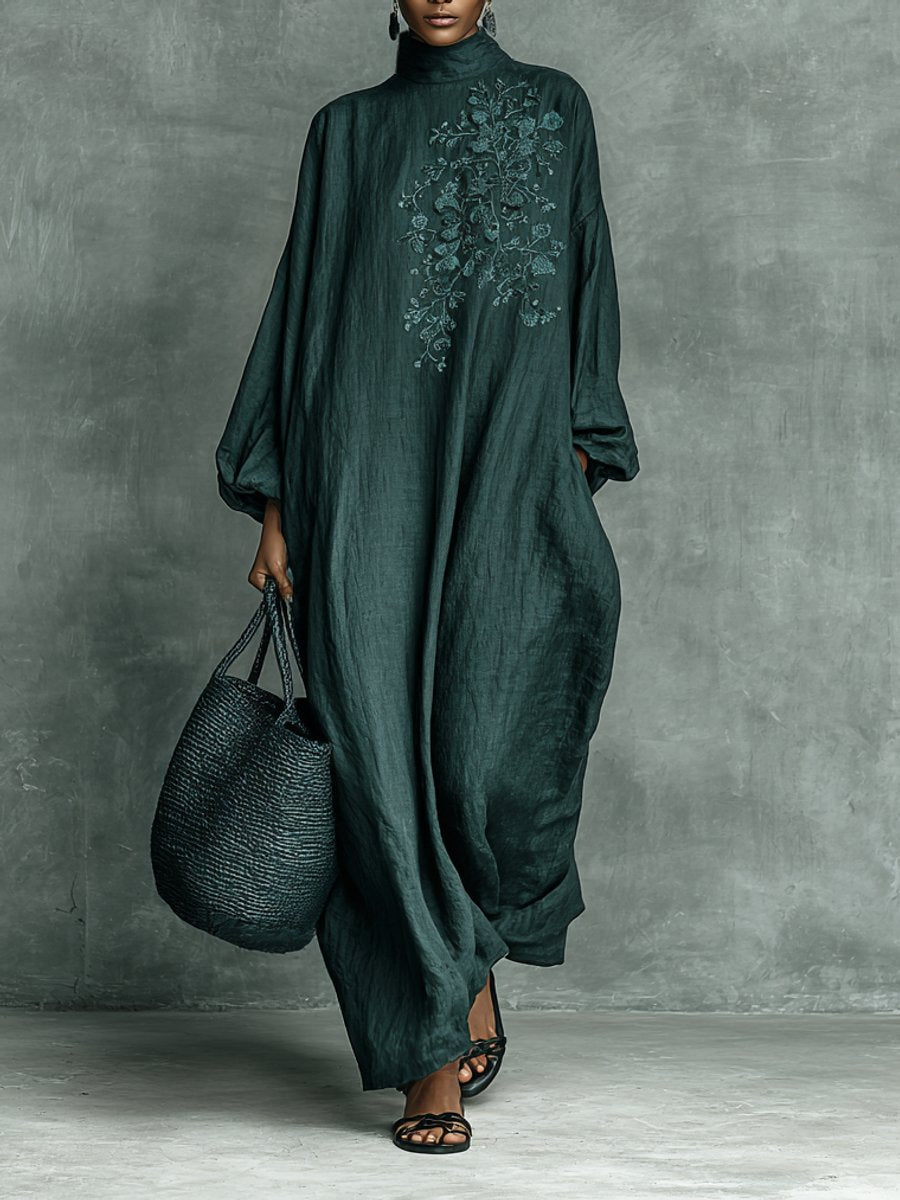 Lavisa - Floral Embroidered Mock Neck Maxi Dress