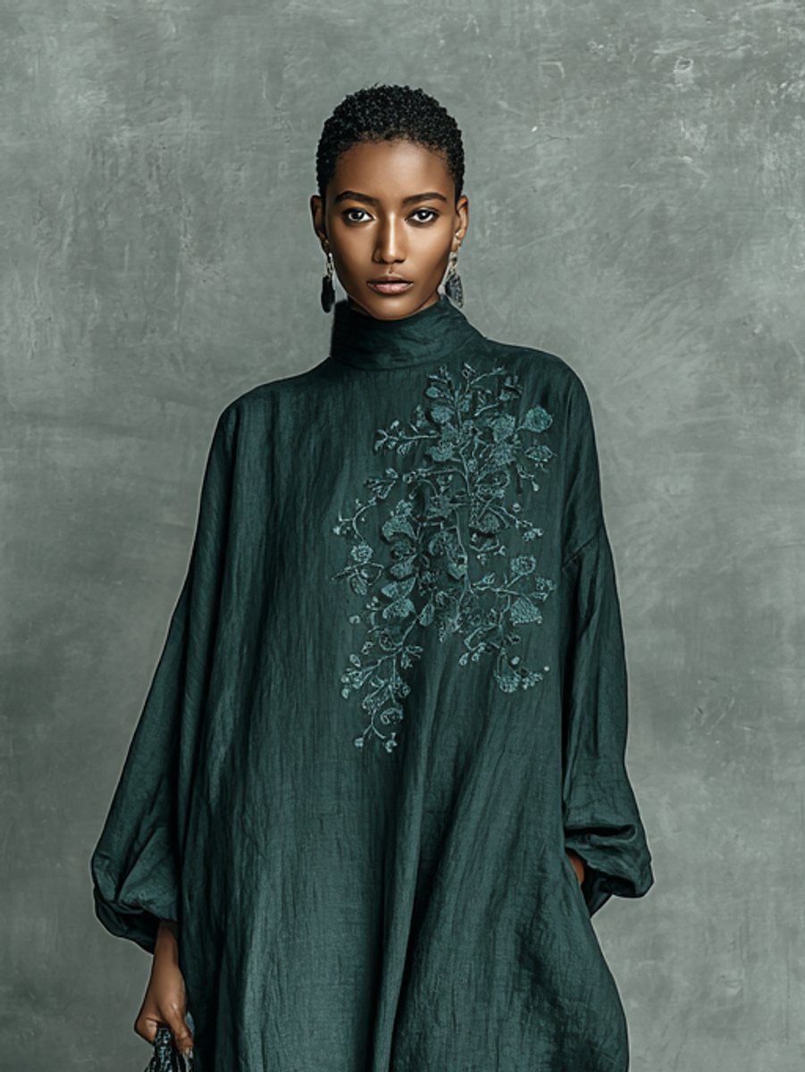 Lavisa - Floral Embroidered Mock Neck Maxi Dress