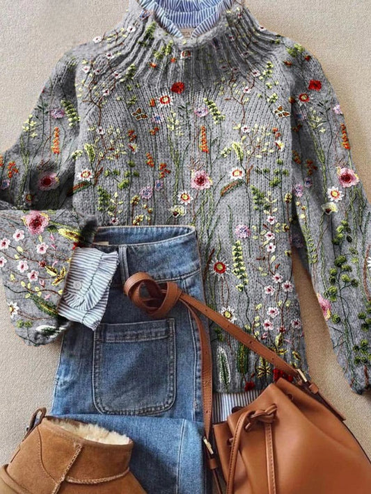 Lavisa - Women's Floral Embroidered Turtleneck Sweater