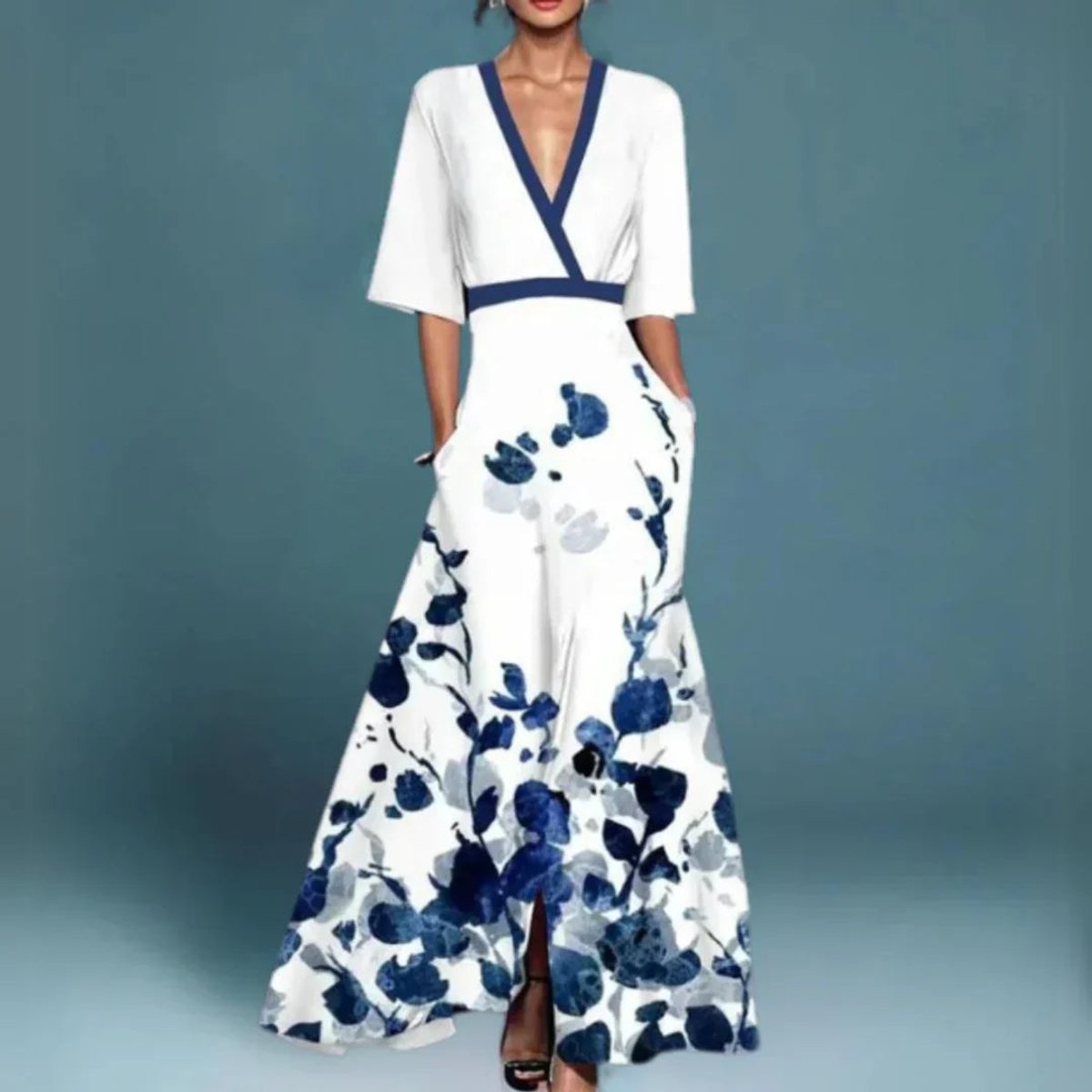 Women's Floral Embroidered V-Neck Maxi Formal Dresses - Side Angle | Lavisa