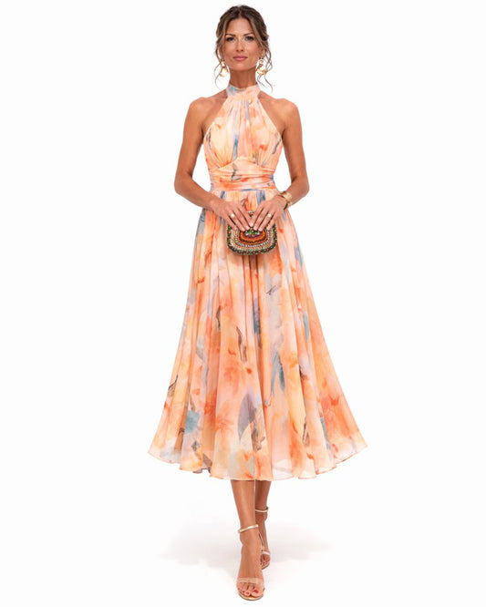 Lavisa - Floral Halter Neck Chiffon Midi Dress