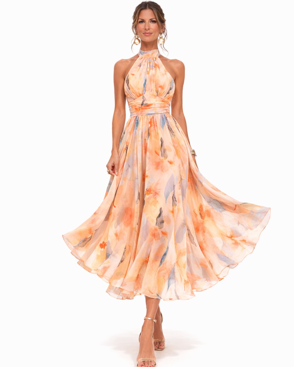 Floral Halter Neck Chiffon Midi Dress - Side Angle | Lavisa