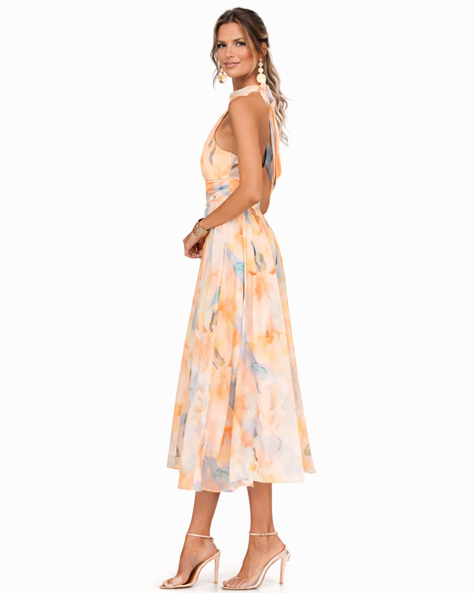 Floral Halter Neck Chiffon Midi Dress - Back View | Lavisa