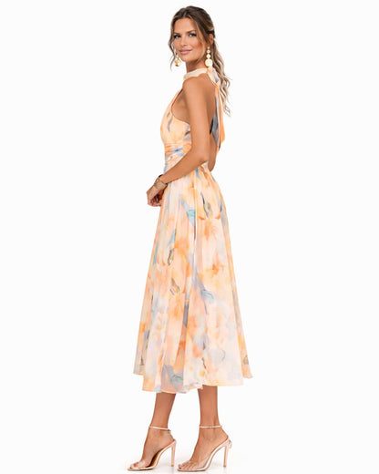 Floral Halter Neck Chiffon Midi Dress - Back View | Lavisa