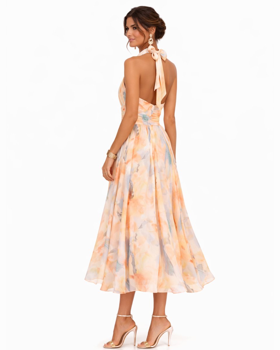 Floral Halter Neck Chiffon Midi Dress - Close-Up Fabric Texture | Lavisa