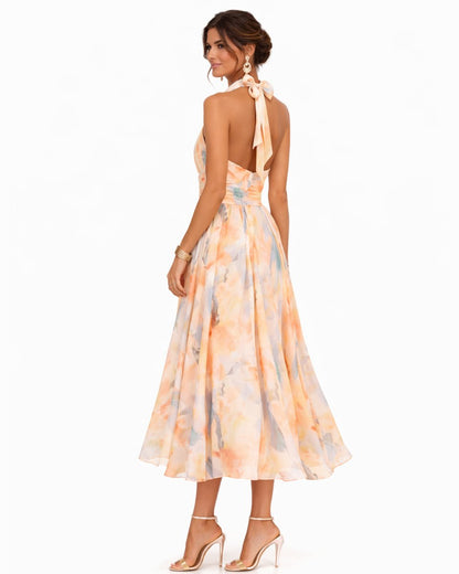 Floral Halter Neck Chiffon Midi Dress - Close-Up Fabric Texture | Lavisa