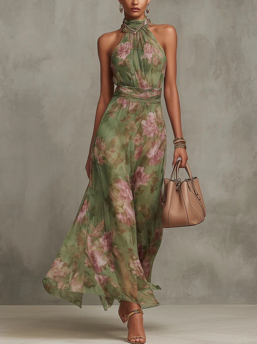 Lavisa - Floral Halterneck Chiffon Midi Dress