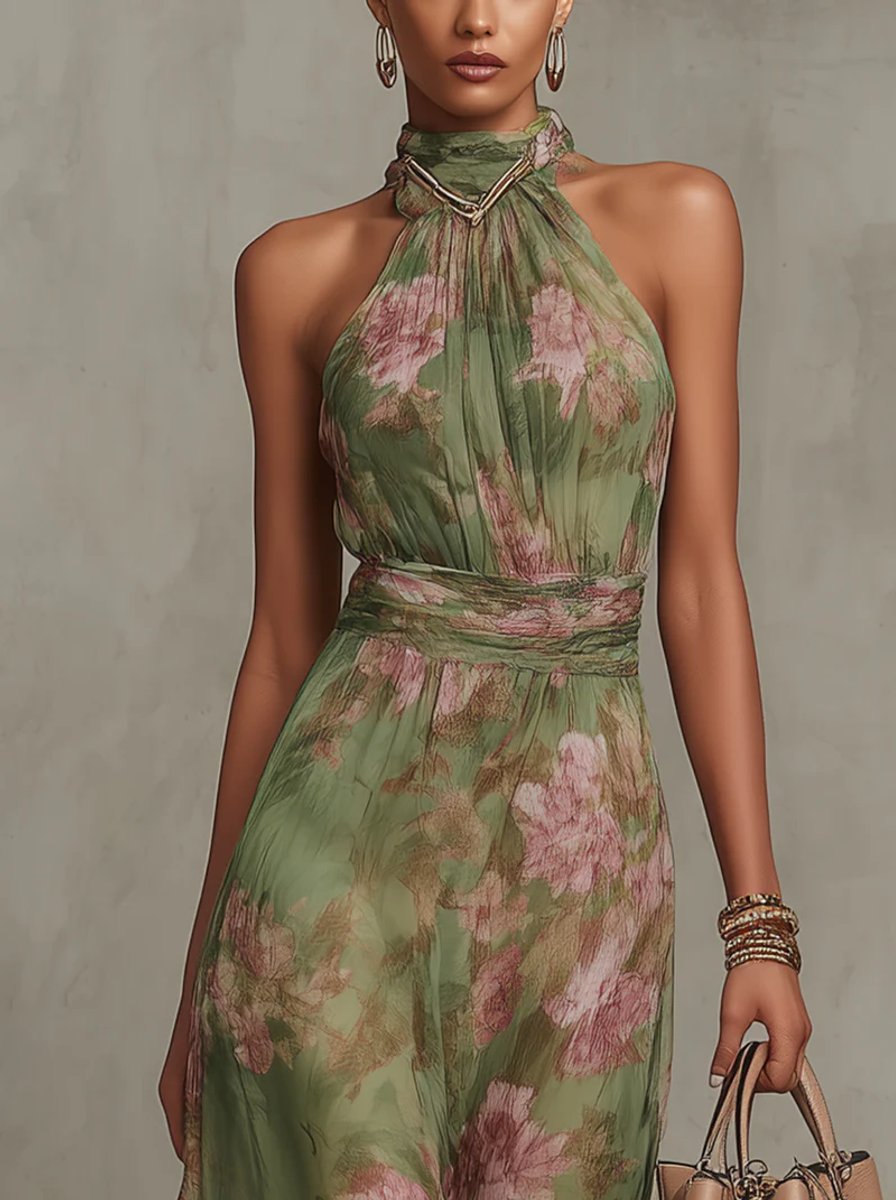 Lavisa - Floral Halterneck Chiffon Midi Dress