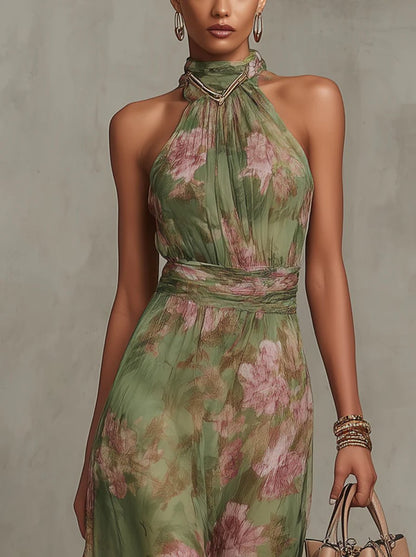 Lavisa - Floral Halterneck Chiffon Midi Dress